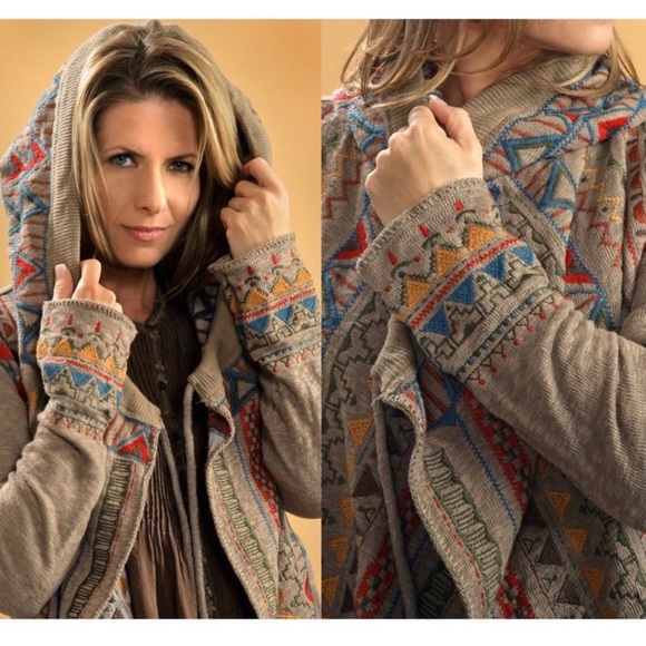New Johnny Was Biya Boho Embroidered Hooded Cardigan in Taupe  M - Picture 2 of 15